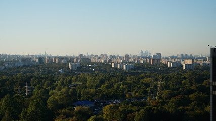 Moscow cityscape, a mixture of buildings against the blue sky at dawn