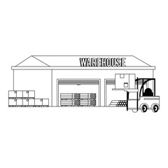 Warehouse storage building with merchandise in black and white