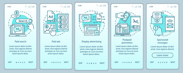 PPC channels turquoise onboarding mobile app page screen vector template. Media marketing, ad networks walkthrough website steps with linear illustrations. UX, UI, GUI smartphone interface concept