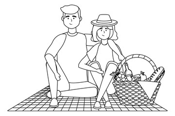 Couple of woman and man having picnic design