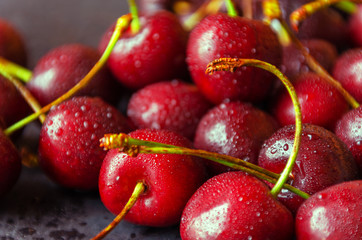 Close up of fresh cherry berries with water drops.
