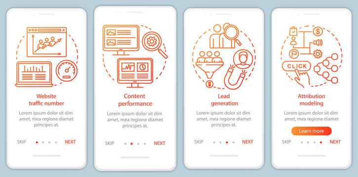 Digital marketing benefits orange onboarding mobile app page screen vector template. Walkthrough website steps with linear illustrations. UX, UI, GUI smartphone interface concept