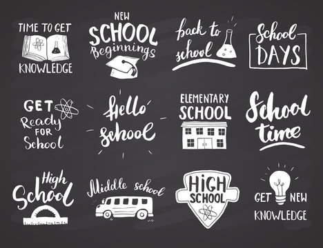 Back to School Calligraphic Letterings Set. Typographic Design. Calligraphy Lettering with School Elements sketch doodles. Hand Drawn Vector illustration on chalkboard background