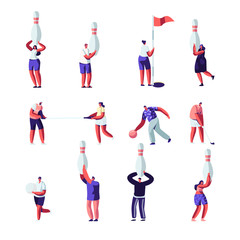 People Playing Golf and Bowling Set. Summertime Outdoors and Indoors Fun Activity, Healthy Lifestyle. Characters with Sports Equipment. Leisure, Weekend, Sparetime. Cartoon Flat Vector Illustration
