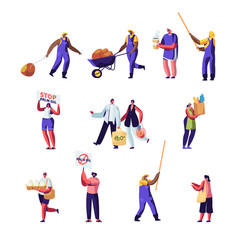 People Protesting Against Palm Oil Manufacture Producing and Plastic Pollution, Eco Packing Set. Protesters with Banners, Workers Collect Fruits, Reusable Packaging Cartoon Flat Vector Illustration