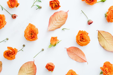 Creative floral arrangement. Fall red leaves and orange roses on white background.