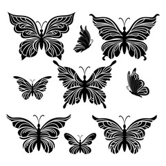 Symbolical Butterflies Pictograms, Black Contours Isolated on White Background. Vector