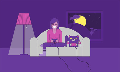 Gaming girl and cat