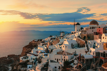 Santorini, Greece. Famous view on traditional white Caldera architecture in Oia village at sunset