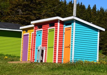 colourful public washrooms along the Viking trail, Gros Morne National Park Newfoundland and...