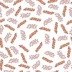 Seamless pattern with decorative brown leaves on white background. Hand drawn watercolor illustration.