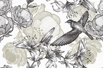 Flying bird on a floral background of lilies and roses. Seamless pattern, vector illustration. - 276520633
