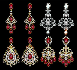 Illustration set of jewelry earrings with precious stones