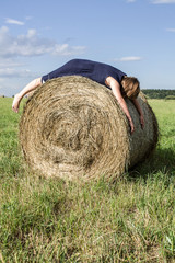 Failed emotion of woman. Girl is alone depressed. Hopeless . Woman is resting on a field nature. Mental trauma . Hangover after dance, bar. Woman is tired of job. Woman is overhelmed overwork.