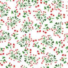 Seamless pattern with decorative green branches with red flowers on white background. Hand drawn watercolor illustration.