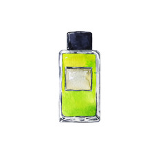 Green perfume bottle isolated on white background. Hand drawn watercolor illustration.
