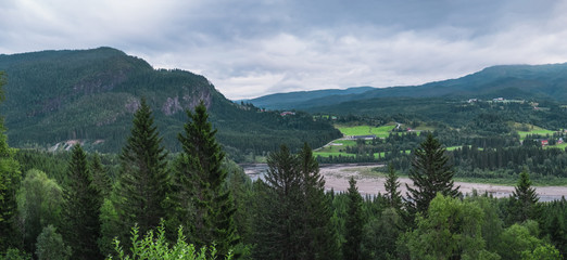 Scenic evening view of Kvisloyra Island. It is located on the Namsen River in Grong municipality, Trondelag county, Norway. Norwegian landscape in summer scenery