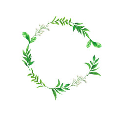 Elegance floral frame with white flowers and green leaves isolated on white background. Hand drawn watercolor illustration.
