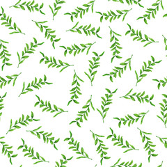 Seamless pattern with fresh green branches on white background. Hand drawn watercolor illustration.