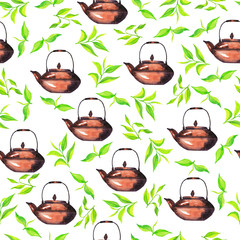 Seamless pattern with japan dark teapots and tea leaves on white background. Hand drawn watercolor illustration.