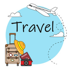 vacation card. Airplane, suitcase and photo camera with space for text or photo