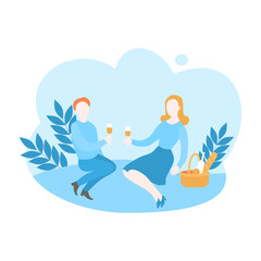 Cartoon Couple on romantic picnic with basket in park, summer holiday love date. Flat Boyfriend and girlfriend on vacation