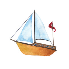 Boat with blue sail isolated on white background. Hand drawn watercolor illustration.