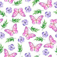 Seamless pattern with decorative pink butterflies, pastel violet flowers and green branches on white background. Hand drawn watercolor illustration.