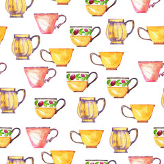 Seamless pattern with colorful teacups on white background. Hand drawn watercolor illustration.