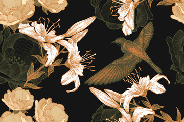 Bird on a black floral background of lilies and roses. Seamless pattern, vector illustration. - 276522028