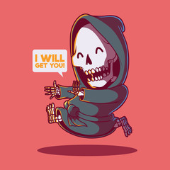 Reaper running vector illustration. Skeleton, reaper, death, comics, cartoon, cute design concept