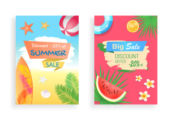 Big summer sale, discount offer vector curved ribbon. Watermelon and orange piece, inflatable ring, palm leaf, surfboard and ball, flower and starfish