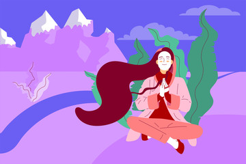 Flat style girl with long hair sitting crossed legged with prayer gesture