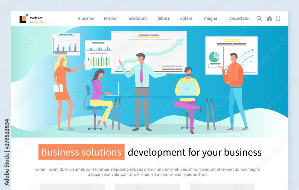 Poster business solution development vector, people on meeting presentation with charts and analytics schem