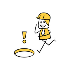 engineer work and hole with warning sign icon stick figure yellow theme