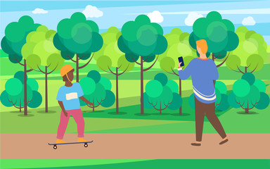 Child wearing helmet standing on skateboard, man going with phone, people activity in park, trees and cloudy sky, full length view of boys character vector