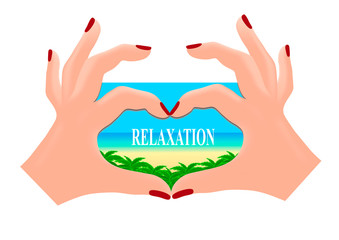 Hands in the shape of a heart show the dreams of a weary man. Gift magnet isolated on white background. Vector