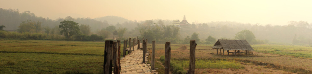 Obraz premium panoramic views of traditional farm land and crops spreading out into the distant mountains of Northern Thailand, Southeast Asia