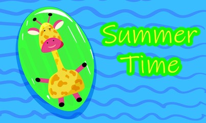 Cute giraffe on an inflatable mattress in the pool. Hello summer party poster. Summer time.