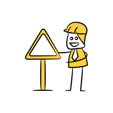 engineer worker and blank signage icon stick figure yellow theme