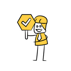 Fototapeta premium engineer holding check mark signage icon stick figure yellow theme