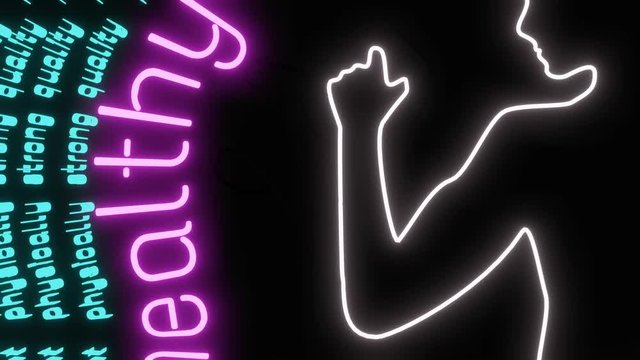 A neon girl holds a dumbbell in her hand and stylized makes an exercise with her. Against the background of a running line of words related to sports.