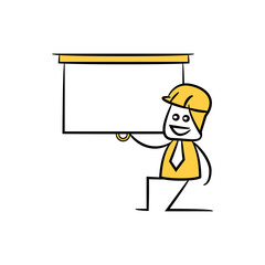 engineer worker and presentation screen icon stick figure yellow theme