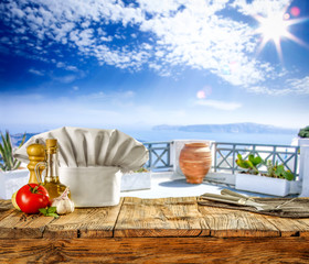 Desk of free space for your decoration and summer background of sea with sky. 