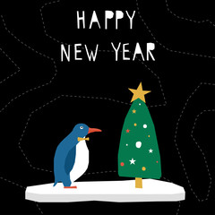 Obraz premium Happy new year card bacground. Cute childish paper cut penguin and spruce for design card, invitation, new year party advertising, bag print etc.
