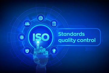 ISO standards quality control assurance warranty business technology concept. ISO standardization certification industry service concept. Robotic hand touching digital interface. Vector illustration.