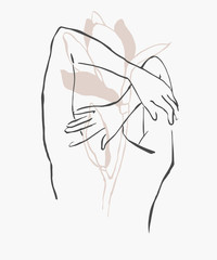 Simple hand drawn trendy line silhouette woman. Modern minimalism art, aesthetic contour. Abstract women's silhouette, minimalist style. Scandinavian print