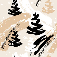 Seamless winter pattern with abstract elements, hand drawn Christmas trees and snowflakes