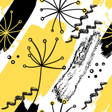 Abstract seamless pattern with hand drawn brush strokes and dandelion