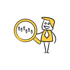 businessman, analyst holding magnifier and graph  yellow stick figure